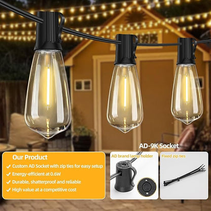 50FT Outdoor LED String Lights,Vintage ST40 LED Bulbs (25+2 Spare),Shatterproof Plastic,E17 Socket,2700K Warm White-Ideal for Patio,Porch,Deck,Gazebo,Bistro,Backyard,Wedding&Party Décor