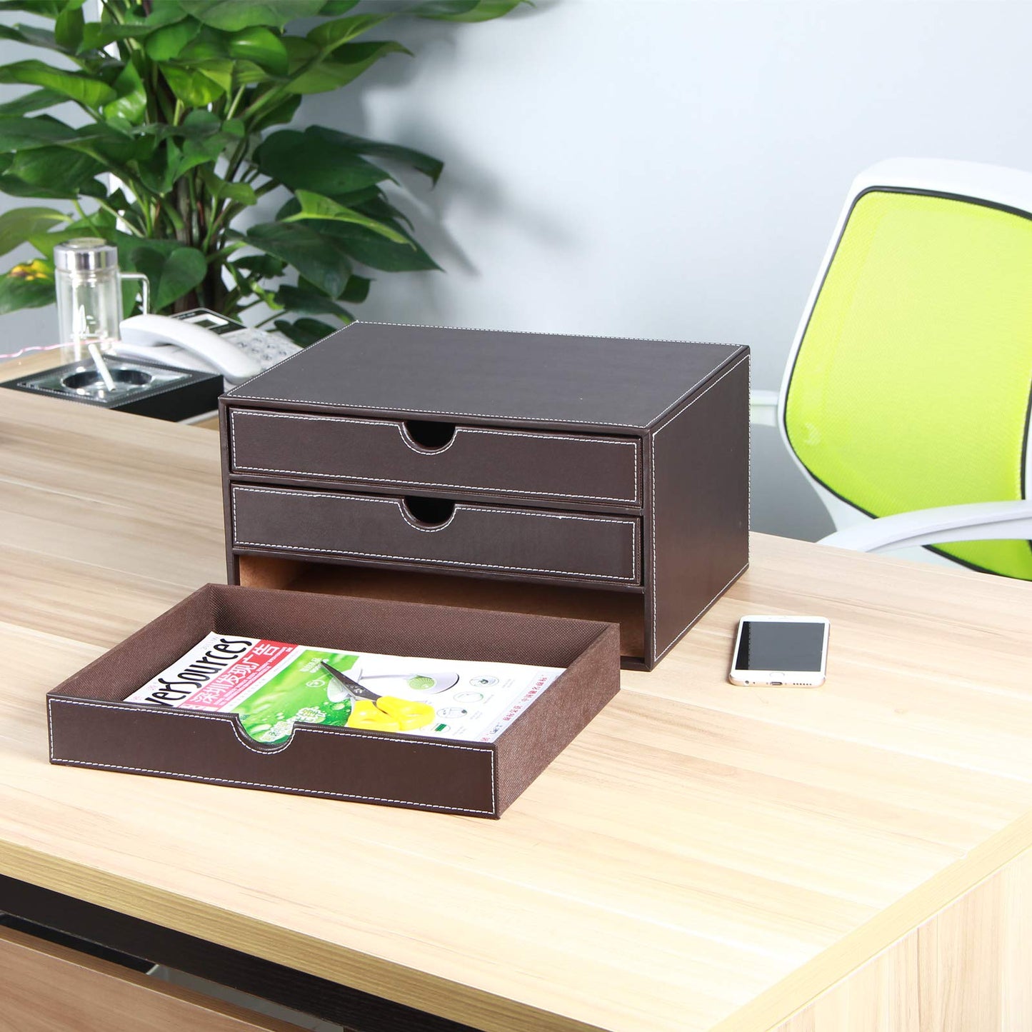 RHCSZ Stackable 3-Drawer Desk Organizer, Executive Office Supplies Desktop Filing A4 File Cabinet/Holder, Leather Storage Box for Document/Paper/Home Decor Accessories (brown)…