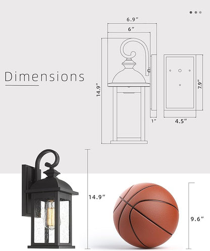 FEMILA Exterior Wall Sconce,2 Packs Outdoor Waterproof Wall Lights Fixture,E26 Socket Wall Lantern for Porch,Anti-Rust Matte Black Finish with Seeded Glass Lampshade,4FD54B-2PK BK