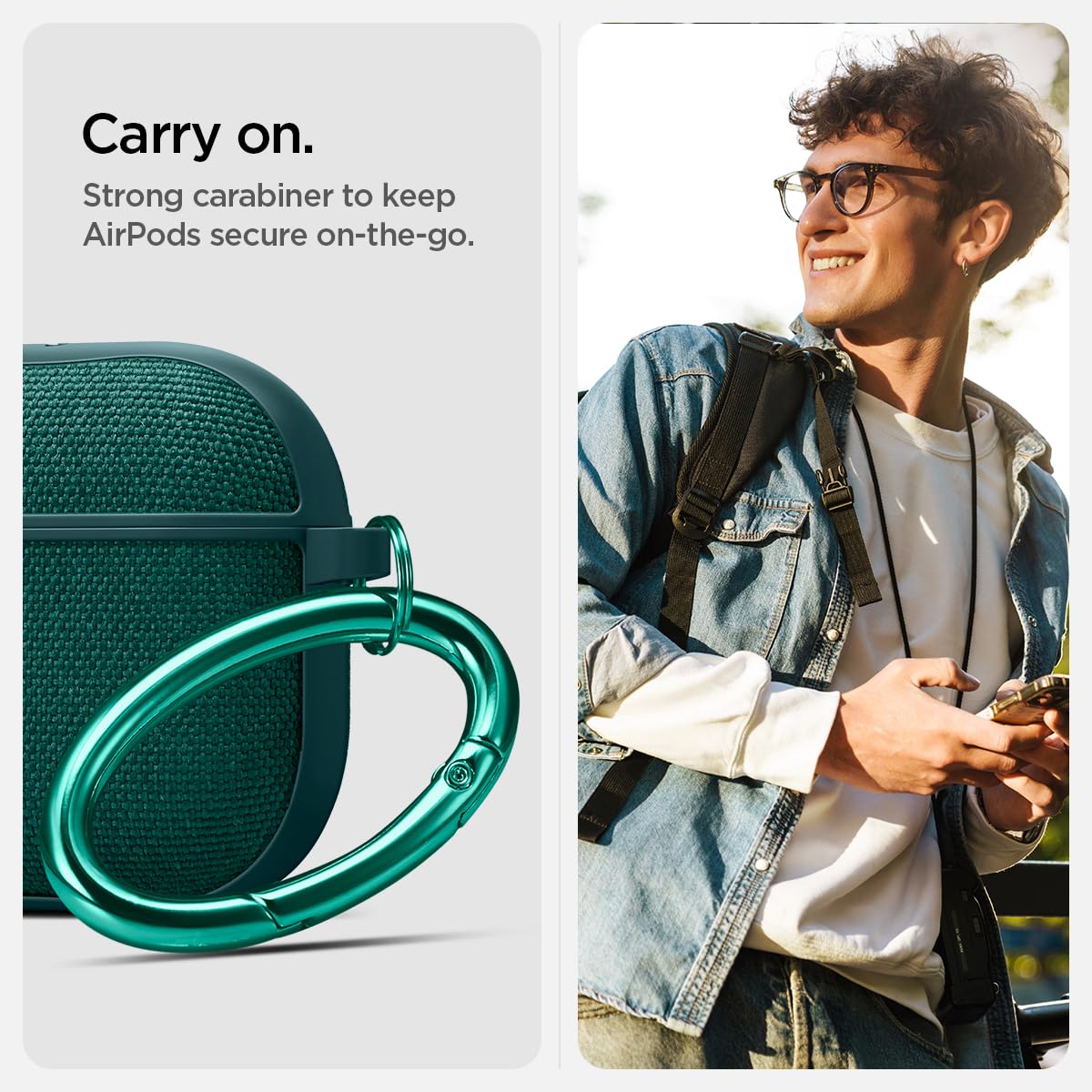 Spigen Urban Fit Designed for AirPods 4 Case (2024) Premium Fabric Cover with Carabiner Key Chain - Midnight Green