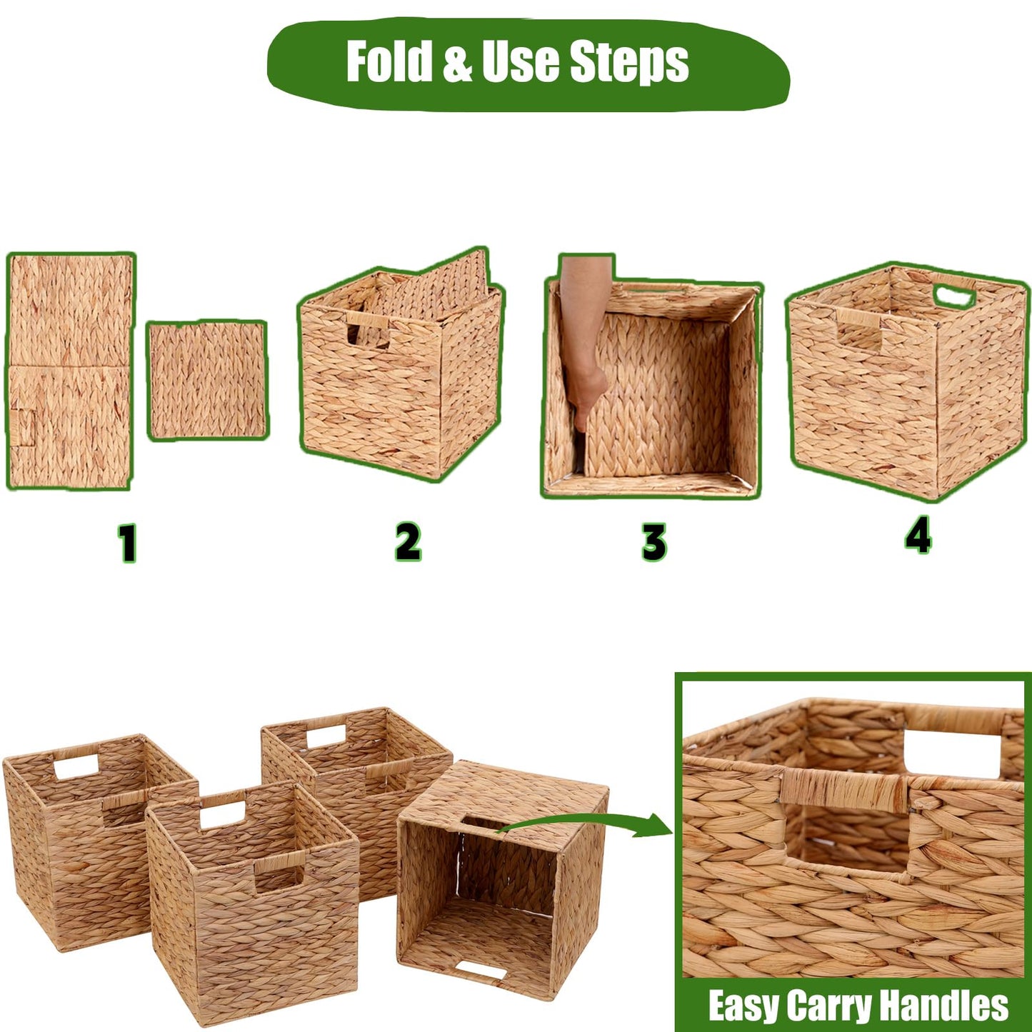 11x11in Storage Baskets 4 Pcs Square Baskets for Cube Shelf,Foldable Handwoven Water Hyacinth Storage Bins for Laundry Organizer
