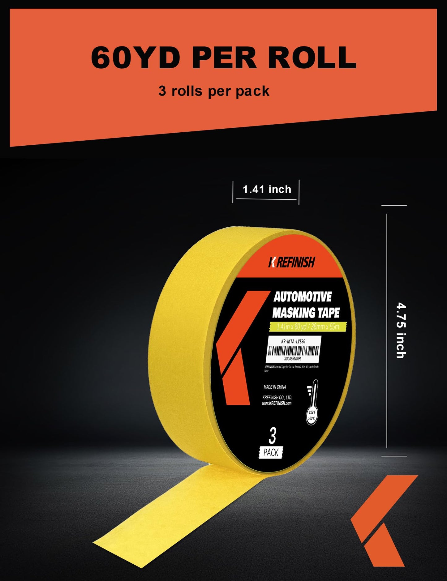 KREFINISH Professional Auto Body Painters Tape, Yellow, 1.41in x 60 yards/3 Rolls, Heat Resistant, No Residue, UV & Moisture Resistant, Ideal for Auto Body Painting, Cars, Trucks, Motorcycles