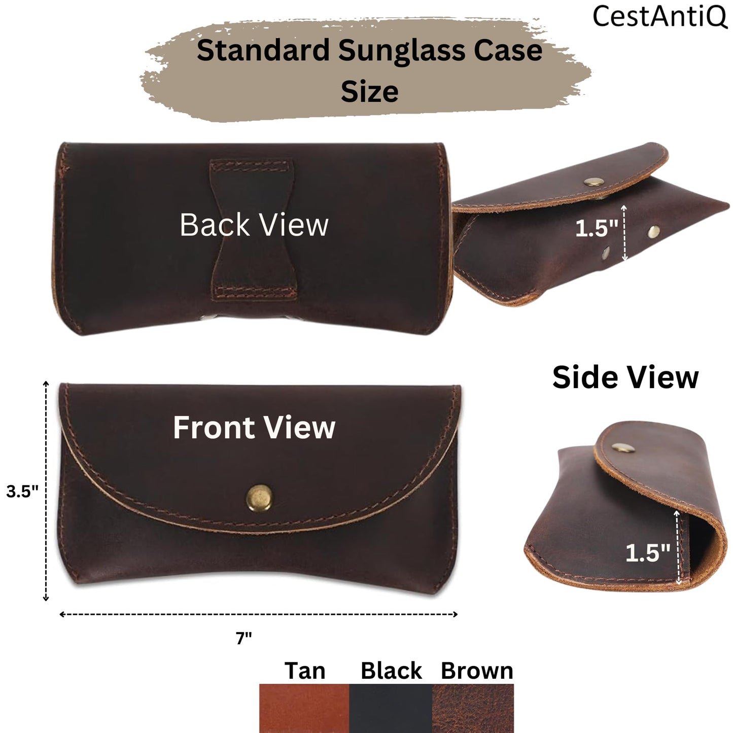 CestAntiQ Leather Eyeglass Case Genuine Leather Sunglasses Case Eyewear Pouch Glasses Sleeve Slim Unisex Eyeglass Holder (Black)