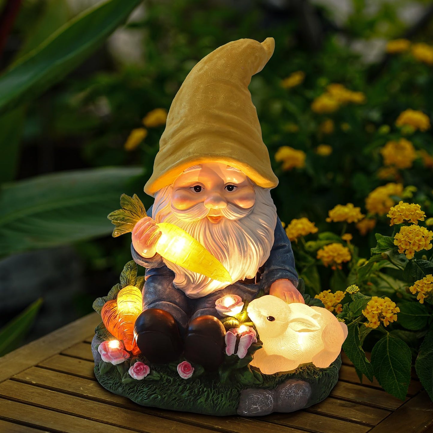 NATASE Solar Garden Outdoor Statues Gnome Feeding Rabbit with 6 LED Lawn Decor Outside Decorations for Patio, Balcony, Yard Ornament Unique Garden Gift