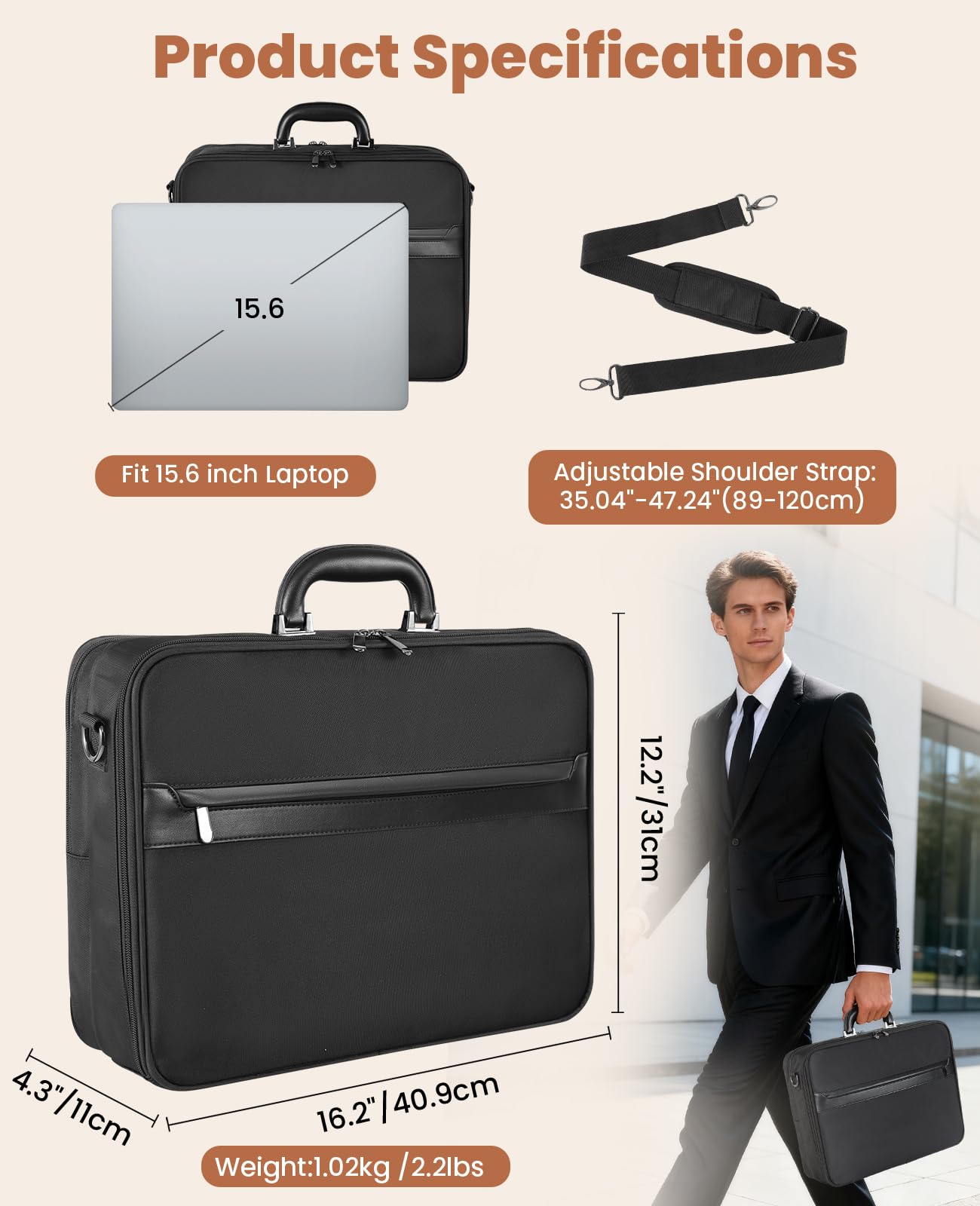Jetviivid Laptop Briefcase for Men 15.6-16 inch Laptop Bag Lightweight Attache Case, Business Work Bag Computer Carrying Case