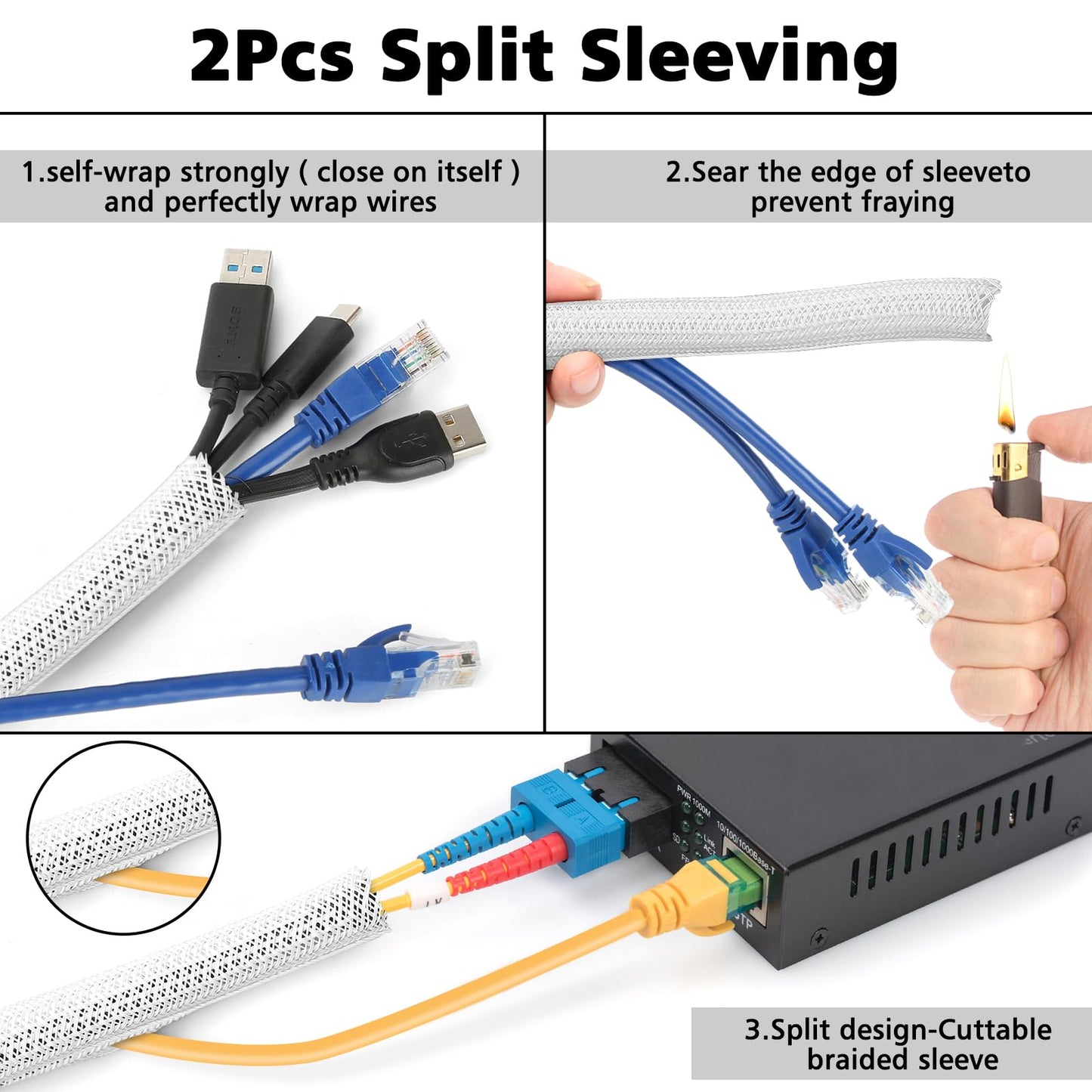 CHZHLI White Cable Management Organizer Kit, 2 Wire Sleeve Protector, 41 Self Adhesive Cable Clips Holder, 10pcs+2 Roll Reusable Cable Ties and 100 Cable Zip Ties for TV Computer Cord Tidy Under Desk