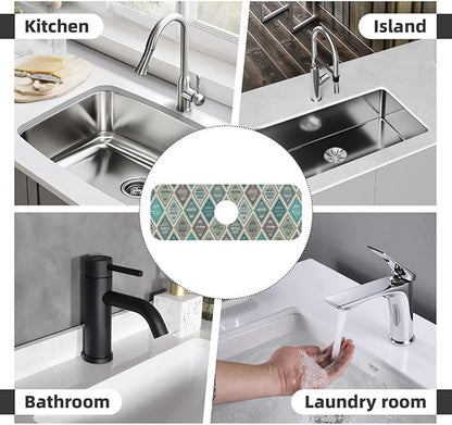 Teal And Brown Boho Style Kitchen Sink Splash Guard Faucet Mat Super Absorbent