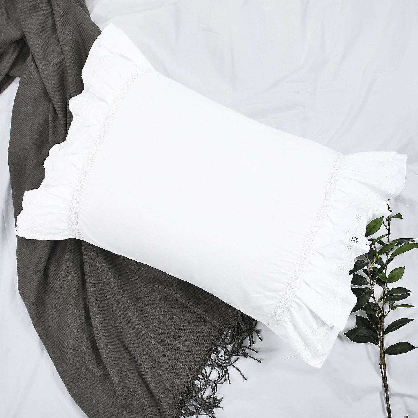 Eyelet Pillow Shams Lace Ruffled Standard White Shabby Chic Farmhouse Pillowcases Set of 2 Pretty Elegant Cotton Country French Cottage Embroidered Floral Victorian Crochet Trim 20x26