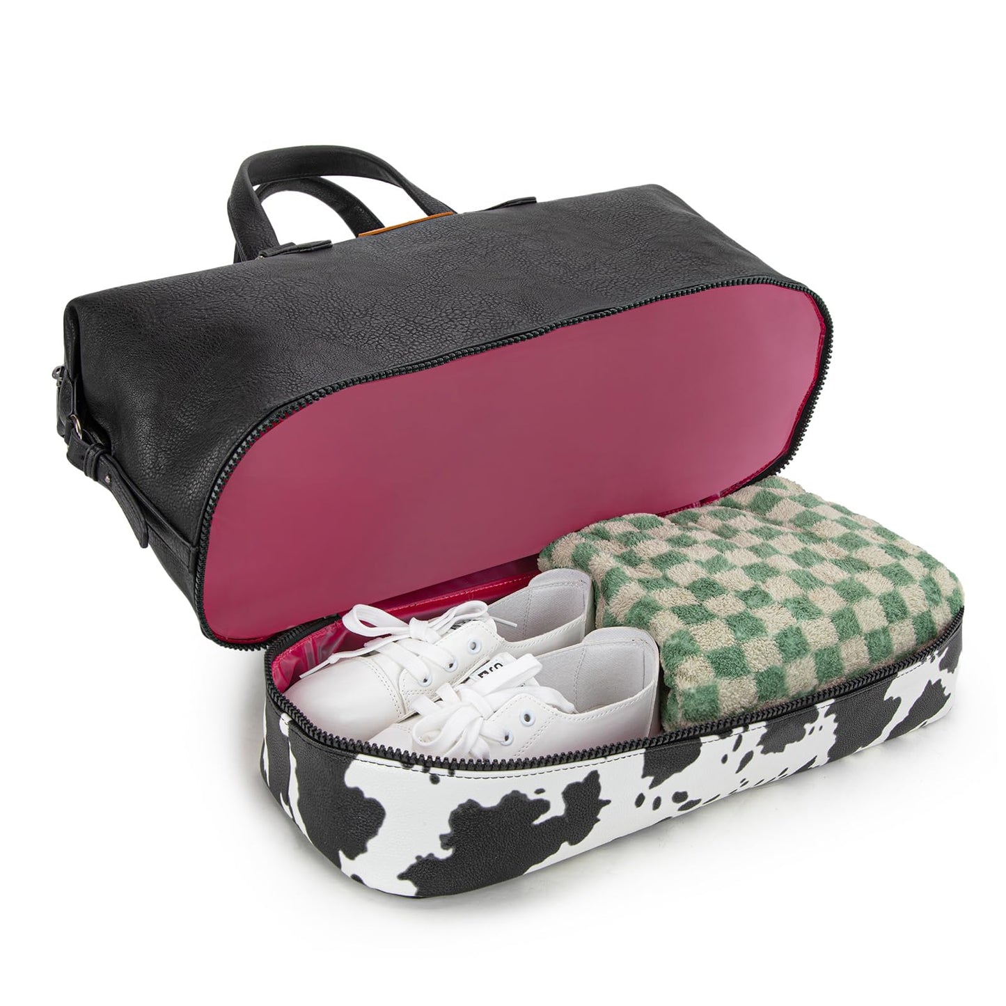 Wrangler Travel Duffel Bag Carry On Overnight Bag with Shoe Compartment Cow Print Weekender Bag for Women WG253-5110COW-BK