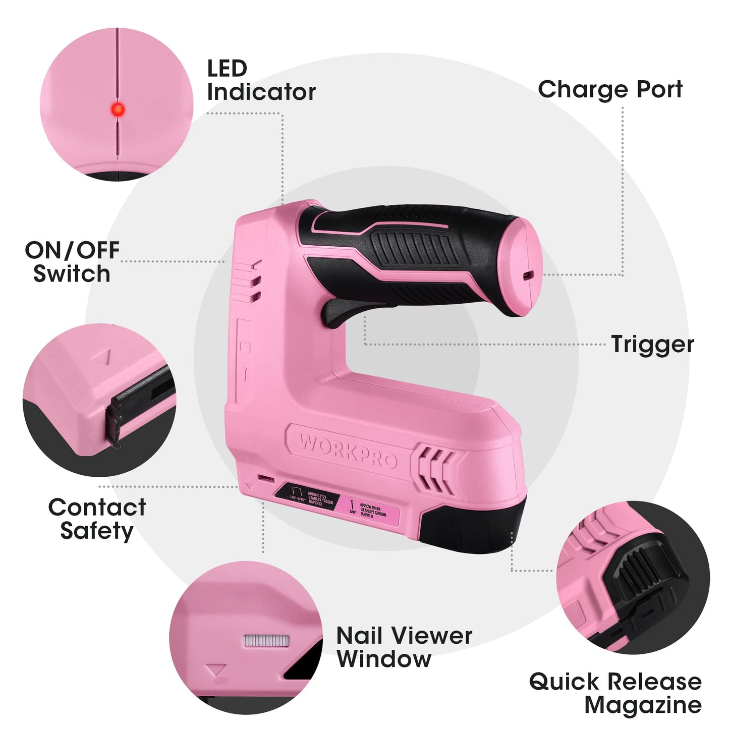 WORKPRO Electric Staple Gun, 2-in-1 Brad Nailer Electric with 2000PCS Staples Nails & USB Charger, 3.6V Staple Gun for Upholstering, Crafts, Carpentry, DIY, Pink Ribbon