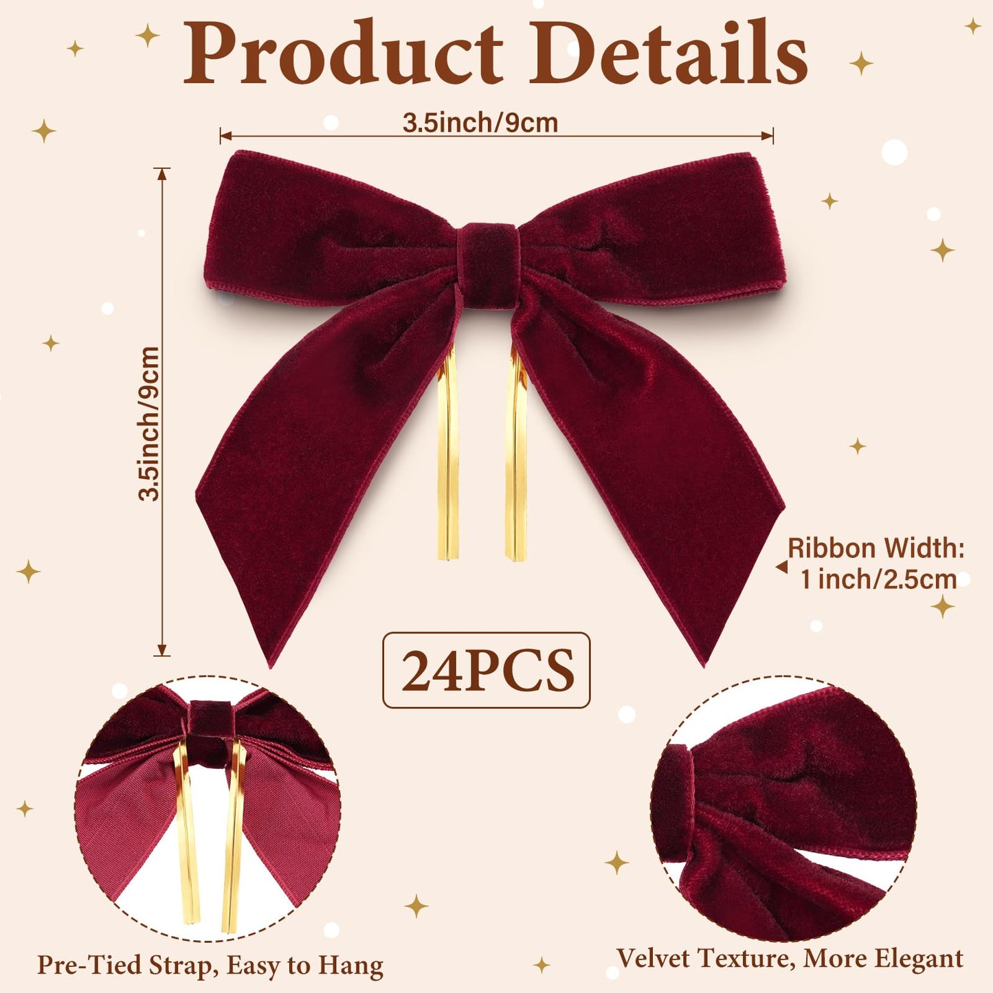 Hekocap 24Pcs Burgundy Christmas Tree Bows - 3.5'' Burgundy Velvet Bows for Christmas Tree Decorations, Velvet Ribbon Bow for Wreaths, Garland, Gift Wrapping & Holiday Home Decor