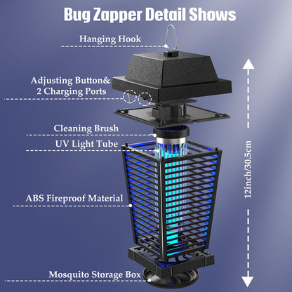 PALONE Solar Bug Zapper 4500V Electric Mosquito Zapper Outdoor, USB-C and Solar Panel Dual Charging Electric Zapper Racket, Fly Trap with UV Light for Flies Gnats Moths