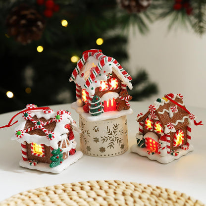 3Pcs Christmas Gingerbread House Hanging Ornaments for Xmas Tree,3D Light-Up Handmade Clay Gingerbread Candy House with Santa Claus Snowman for Christmas Eve New Year Winter Holiday Party Decorations