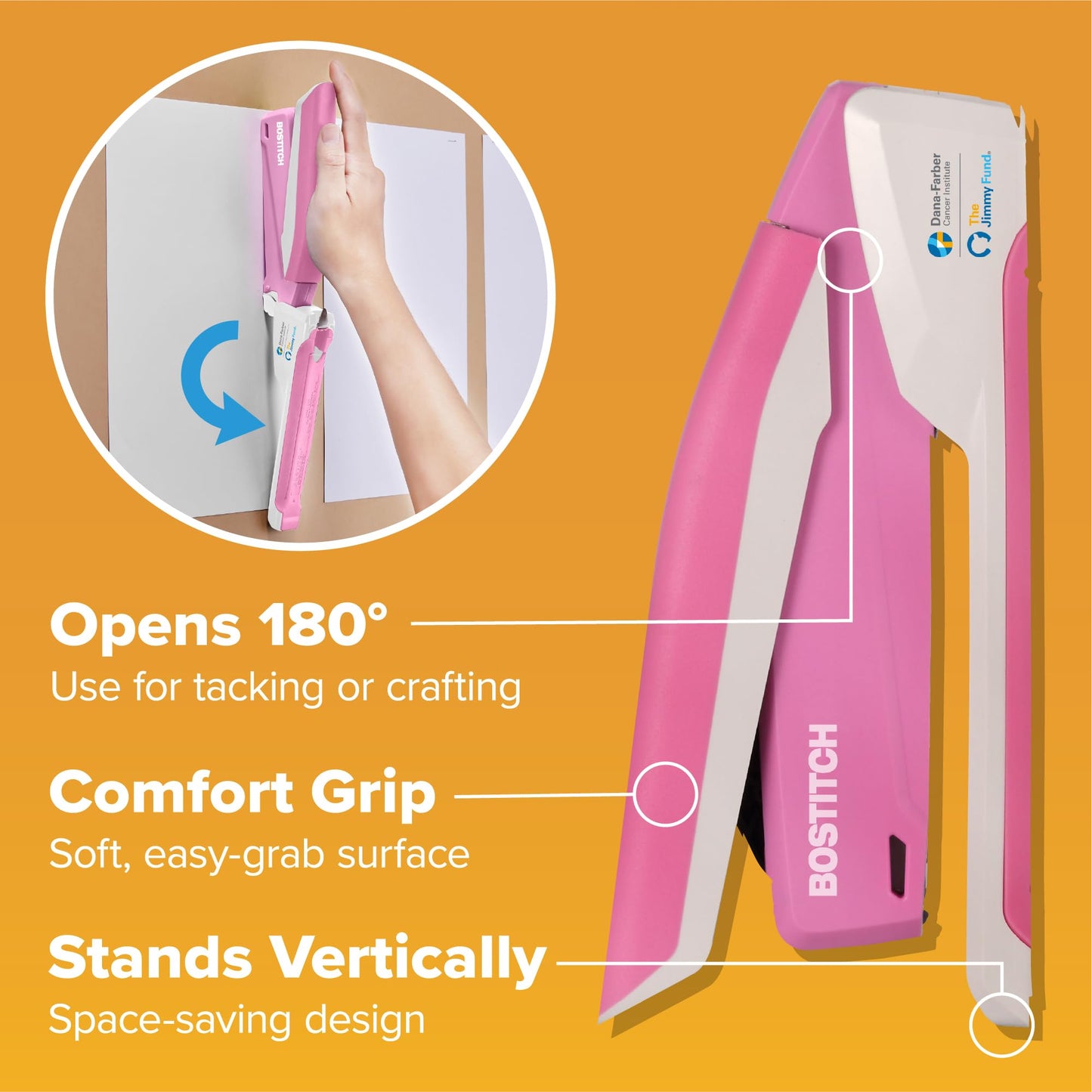 Bostitch Office InPower Spring-Powered Desktop Stapler, 20 Sheet Capacity, One Finger Stapling, Includes 210 Staples, Jam Free, Opens for Tacking, Breast Cancer Awareness Pink