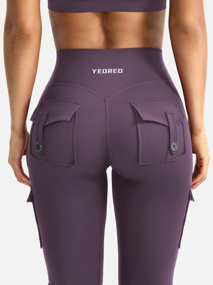 YEOREO CoreFlex Women Workout Flare Leggings with Pockets Hidden Scrunch Cargo Gym Yoga No Front Seam Leggings Black Berry Purple XXL