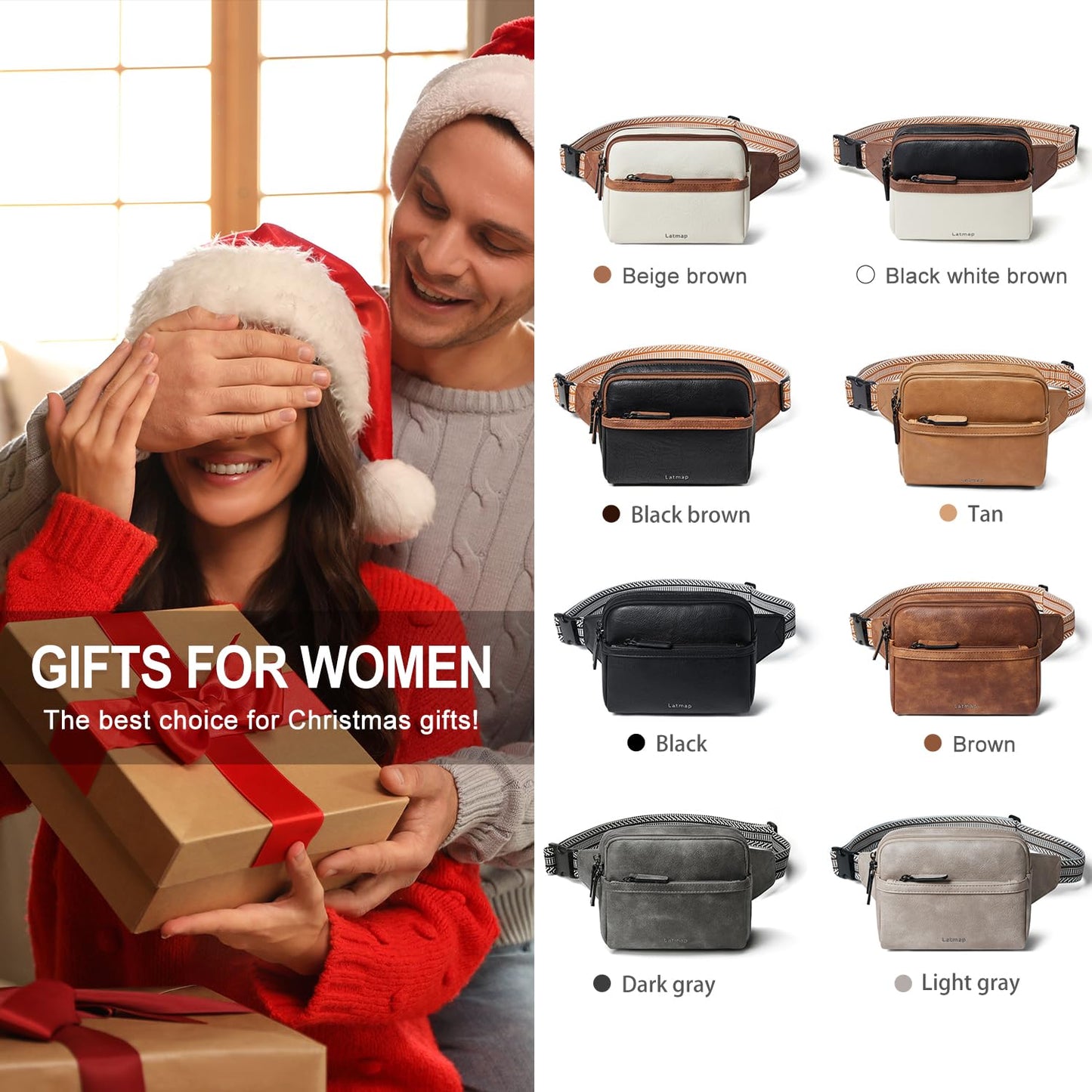 LATMAP 3L Fanny Pack Crossbody Bags for Women Men 4-Zipper Pockets Belt Bag Sling Waist Pack Faux Leather Chest Bag Purse Brown