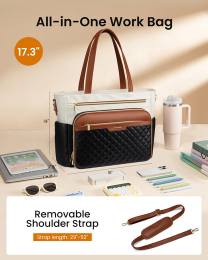LOVEVOOK Teacher Tote Bag with Accordion File Pocket, Soft PU Leather Work Briefcase Quilted Laptop Bag with Large Cup Holder