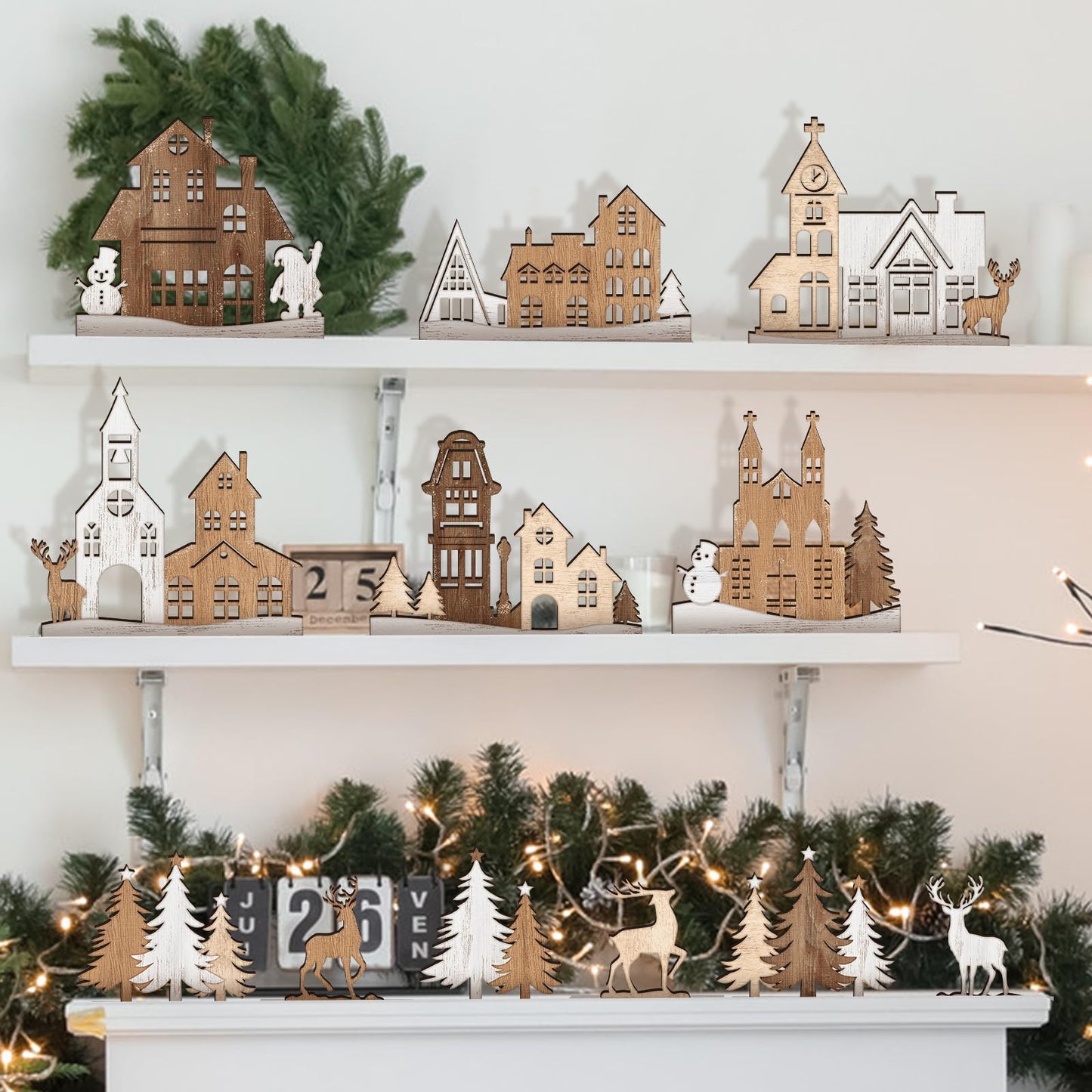 AceOrbit 12 Pcs Christmas Rustic Table Decor Xmas Trees and Elk Farmhouse Tiered Tray Decor Wooden Tabletop Centerpieces Sign Gifts for Fireplace Home Office Christmas Birthday Party Supplies