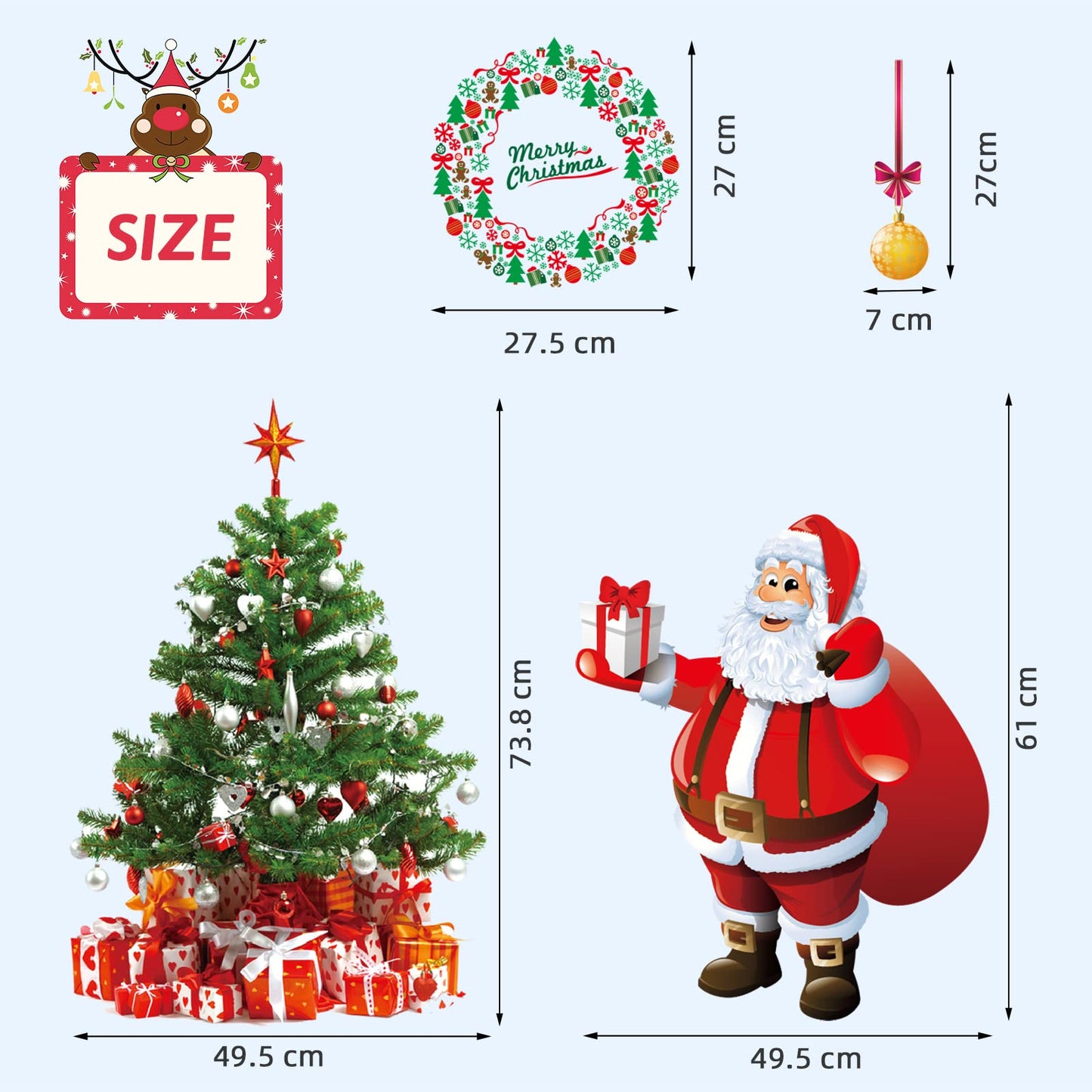DIY Christmas Windows Clings Stickers Wreath Snowflakes Large Santa Claus Xmas Tree Wall Window Door Mural Decals Static Sticker for Office Winter Party Decorations (11 Sheets)