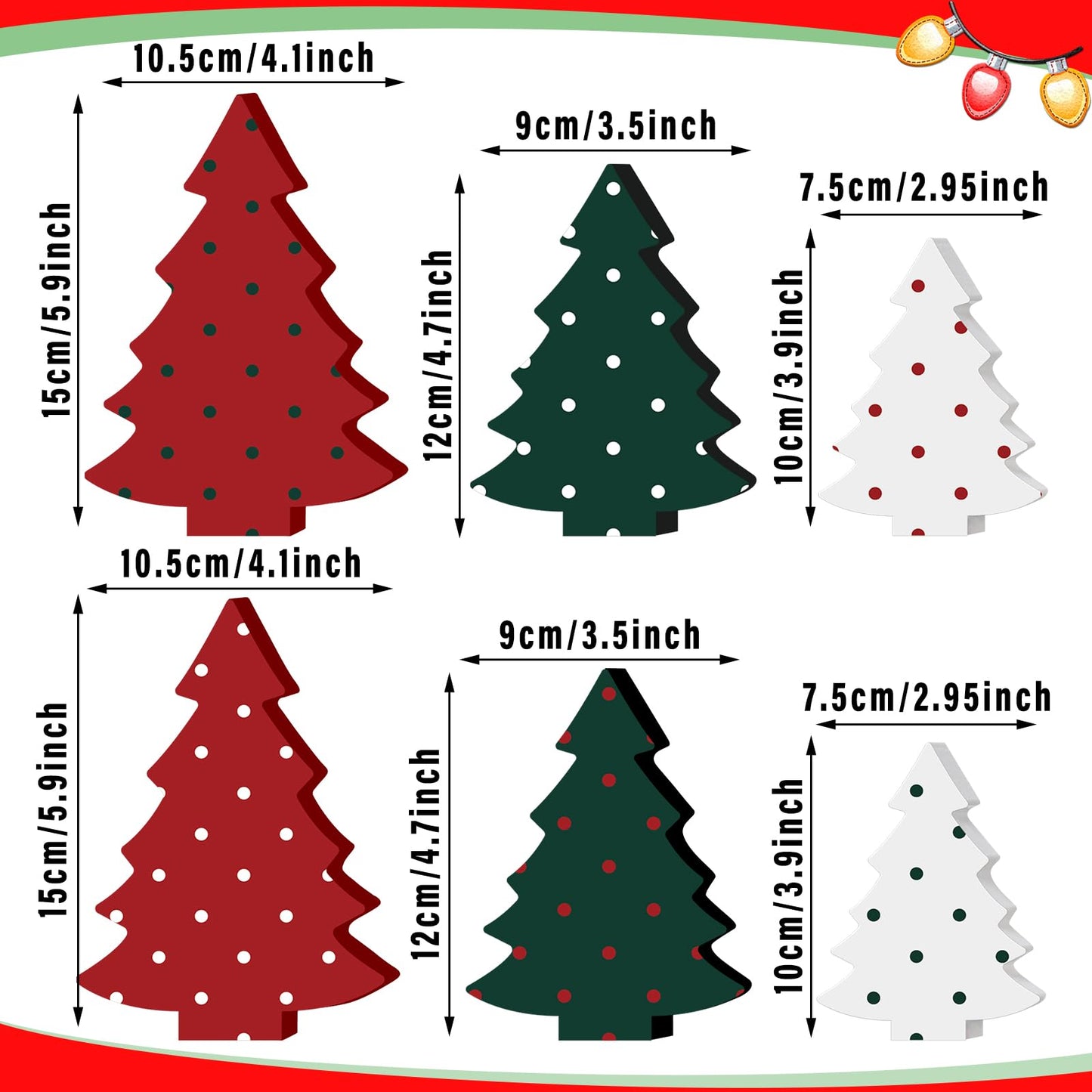 6 Pcs Christmas Tree Wooden Signs Table Decor Rustic Polka Dot Wood Xmas Trees Tiered Tray Decor Mini Buffalo Shelf Centerpiece Tabletop Wood Block Signs for Xmas Holiday Winter Home Decorations