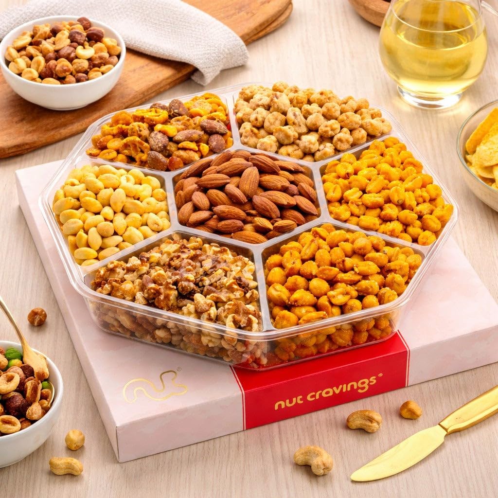 NUT CRAVINGS - Mixed Nuts Gift Basket in Red Gold Classic Box (7 Assortments, 1 LB) Treats for Adults, Food Arrangement, Healthy Snack Care Package, Kosher