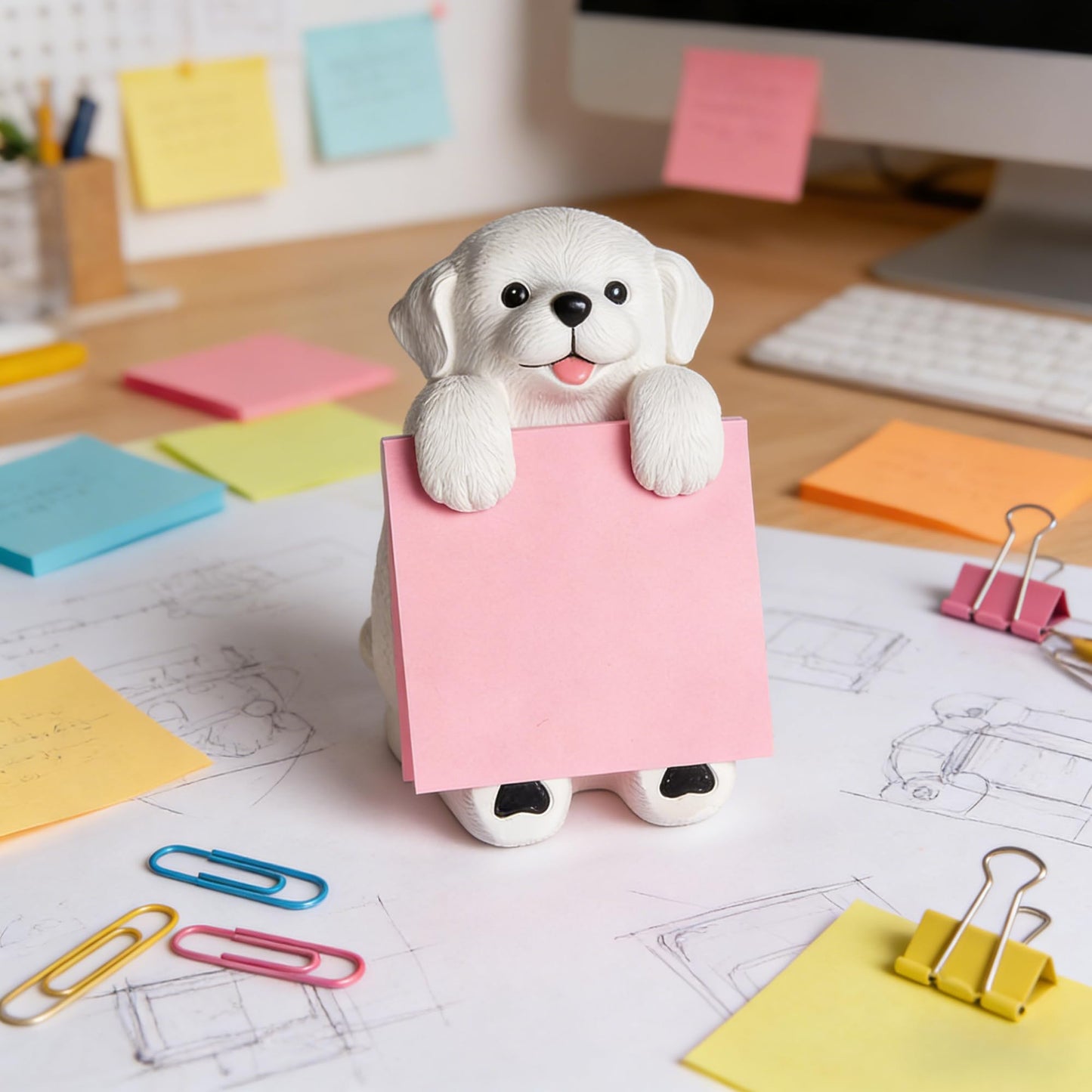 Dog Pop-up Sticky Note Dispenser, Includes 1 Pad of 3x3 in Super Sticky Notes, 100 Sheets, Resin Cute Handmade Desk Holder for Office & Home