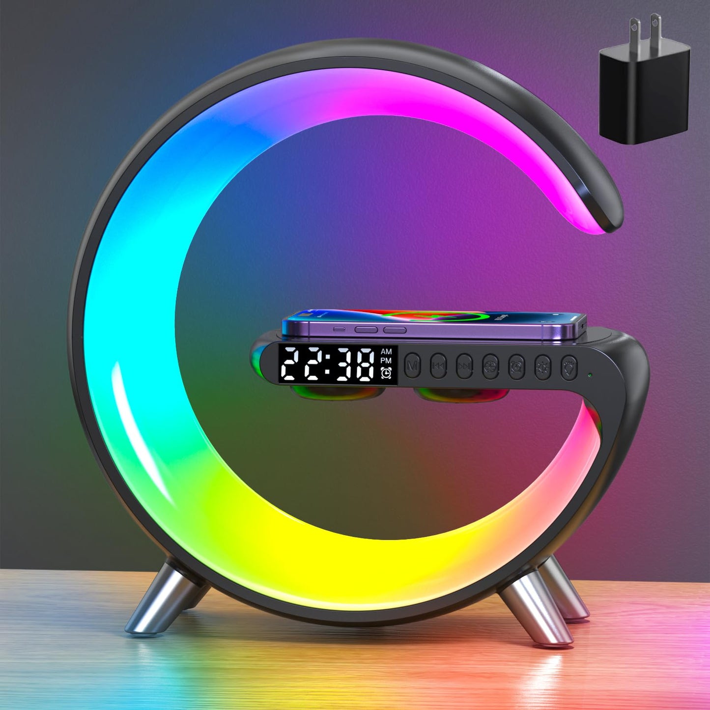 4 In 1 Smart LED Table Lamp, Alarm Clock, Wireless Charger, Night Light, Bluetooth Speaker with App Control, Bedside Lamp for Bedroom, Office, Home Decor, Family, Girls Boys Birthday Festival Gifts
