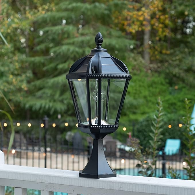 Gama Sonic Outdoor Solar Post Light with Pier Base, Black Aluminum and Beveled Glass, Royal Bulb 150 Lumens Warm White LED, Mount on Column, Pillar, or Flat Exterior Surface (98B011) (Upgraded)