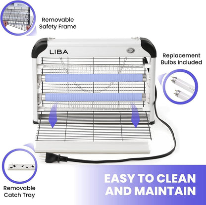 LiBa Electric Bug Zapper (2-Pack) Indoor Insect Killer - (4) Extra Replacement Bulbs - Fly, Mosquito Killer and Repellent - Lightweight, Powerful 2800V Grid, Easy-to-Clean, Removable Washable Tray.