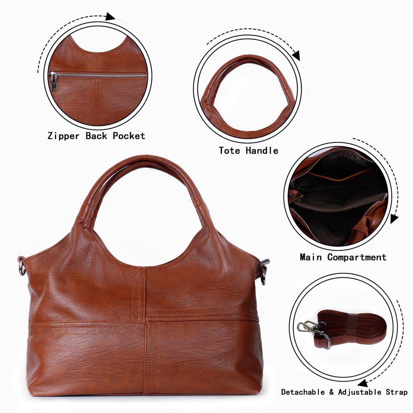 KOGTLA Vegan Leather Purses for Women with Detachable Satchel Strap, Ladies Handbags, Tote Hobo Bags with Top Handle Brown