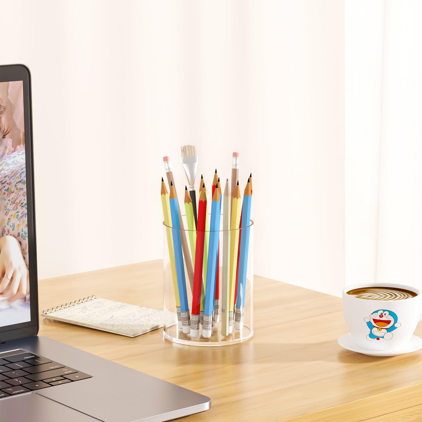 Hexsonhoma Clear Acrylic Pen Holder Round Shape, Desktop Pencil Cup Holder, Countertop Stationery Organizer for Office Desk Accessory