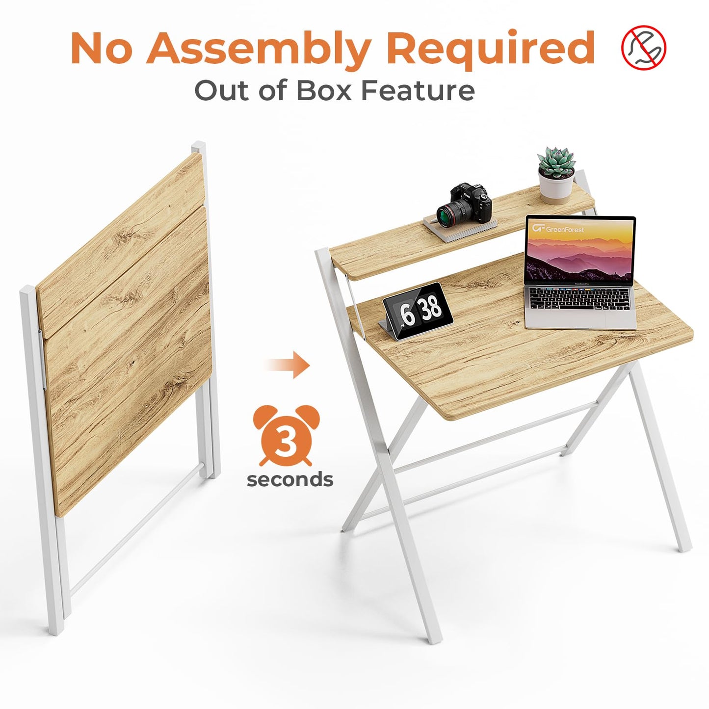 GreenForest Portable Small Desk No Assembly, 2-Tier Compact Computer Desk with Shelf, Space Saving Foldable Table for Home Office, Bedroom or Apartment, Portable Collapsible Sturdy Laptop Desk, Oak
