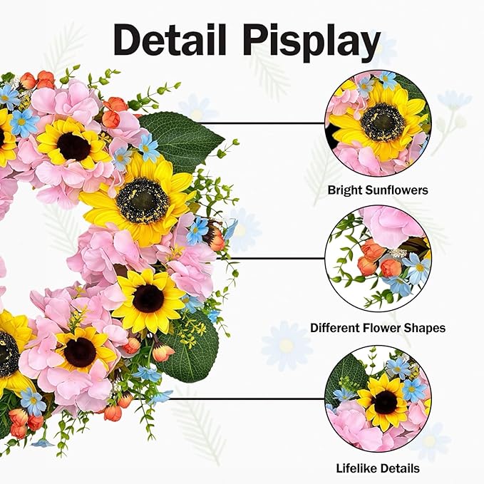 pring Wreath for Front Door, Bright Sunflowers & Mixed Flowers, Artificial Floral Wreath for Indoor & Outdoor Wall Decor, Lifelike Decoration for Home and Garden (18 inches)