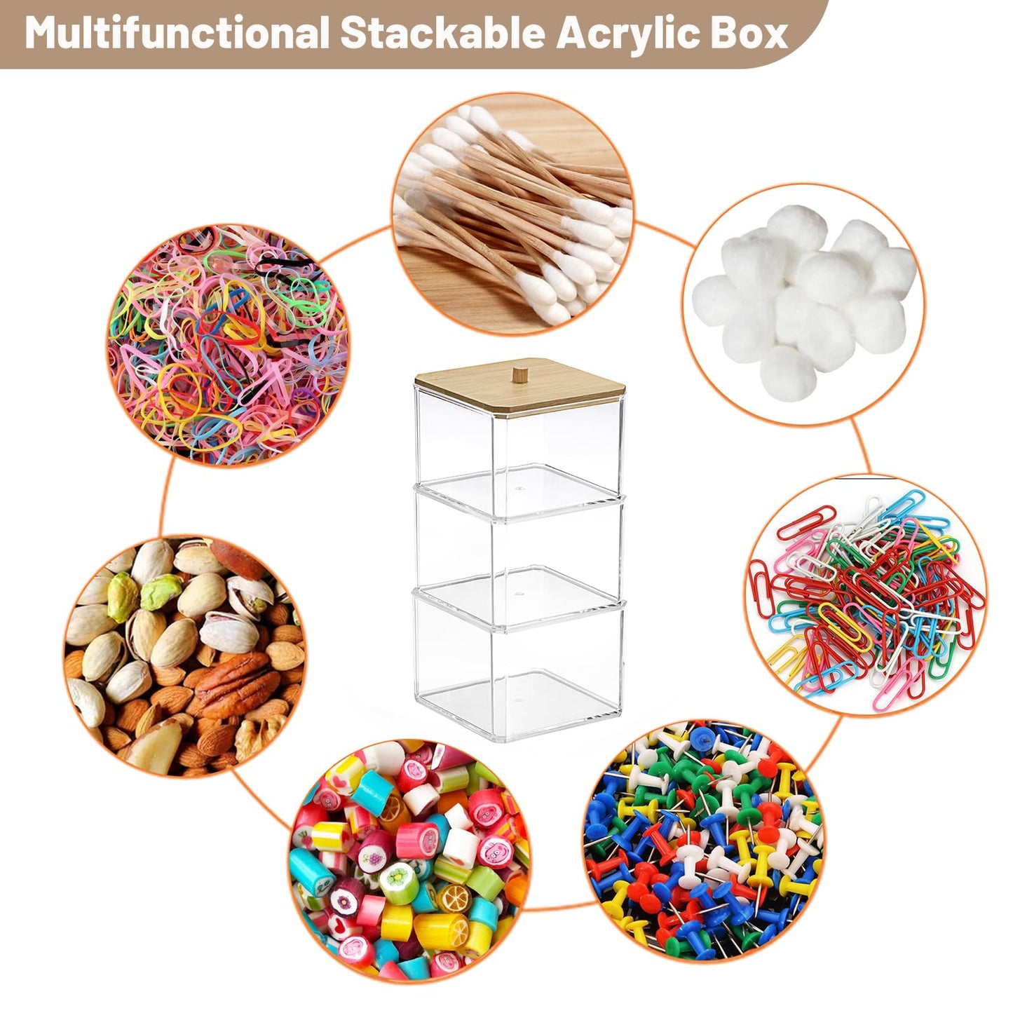 BTSKY Clear Stackable Paper Clip Holder with Bamboo Lid 3-Layer Paperclip Box Thick Acrylic Office Supply Accessory Organizer Square Small Storage Holder Cute Qtip Holder for Office Bathroom Vanity