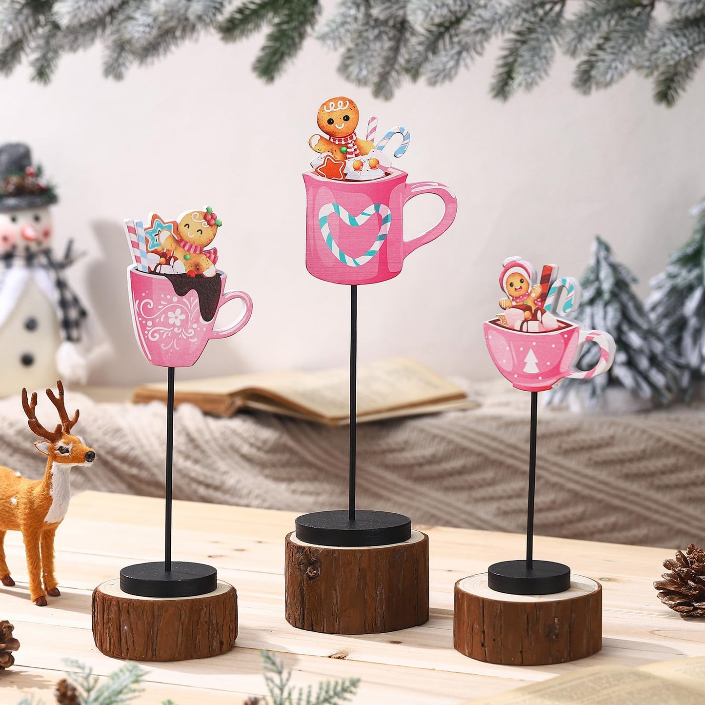 Kathfly 3 Pcs Pink Gingerbread Christmas Table Decor Wooden Gingerbread Man Table Centerpieces Hot Cocoa Bar Tabletop Sign for Christmas Coffee Home Winter Holiday Party Decorations