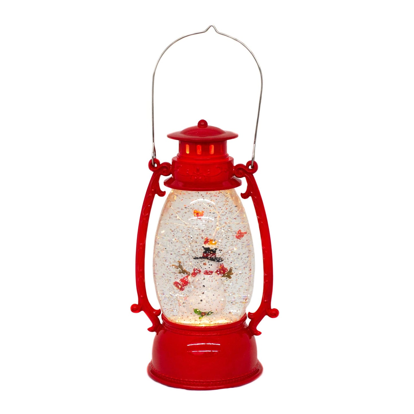 Red Vintage Lantern Snowman Swirling LED Light 10 Inch Acrylic Holiday Glitter Globe
