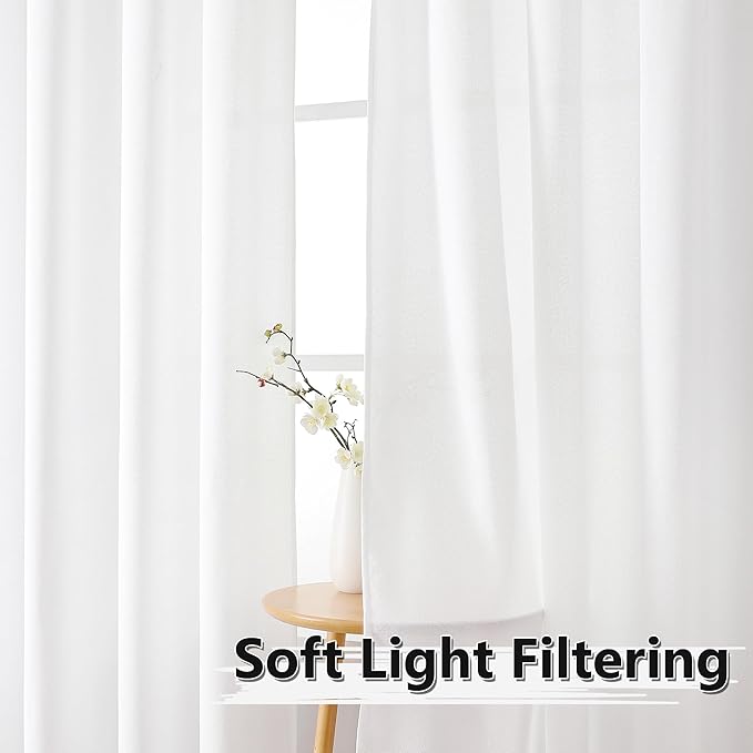 Tollpiz Linen Curtain Bedroom Rod Pocket Semi Sheer Curtains Burlap Light Filtering Thick Linen Drape for Living Room, 38 x 84 inches Long, White, Set of 2 Panels