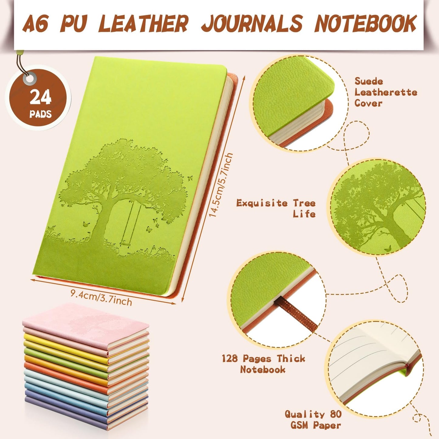 TaoBary A6 PU Leather Journals Notebook Bulk Colorful Tree Life Lined Journal Leather Cover Writing Notebook for Administrative Professionals Nurse Teacher Volunteer 128 Pages(Fresh Color,36 Pcs)