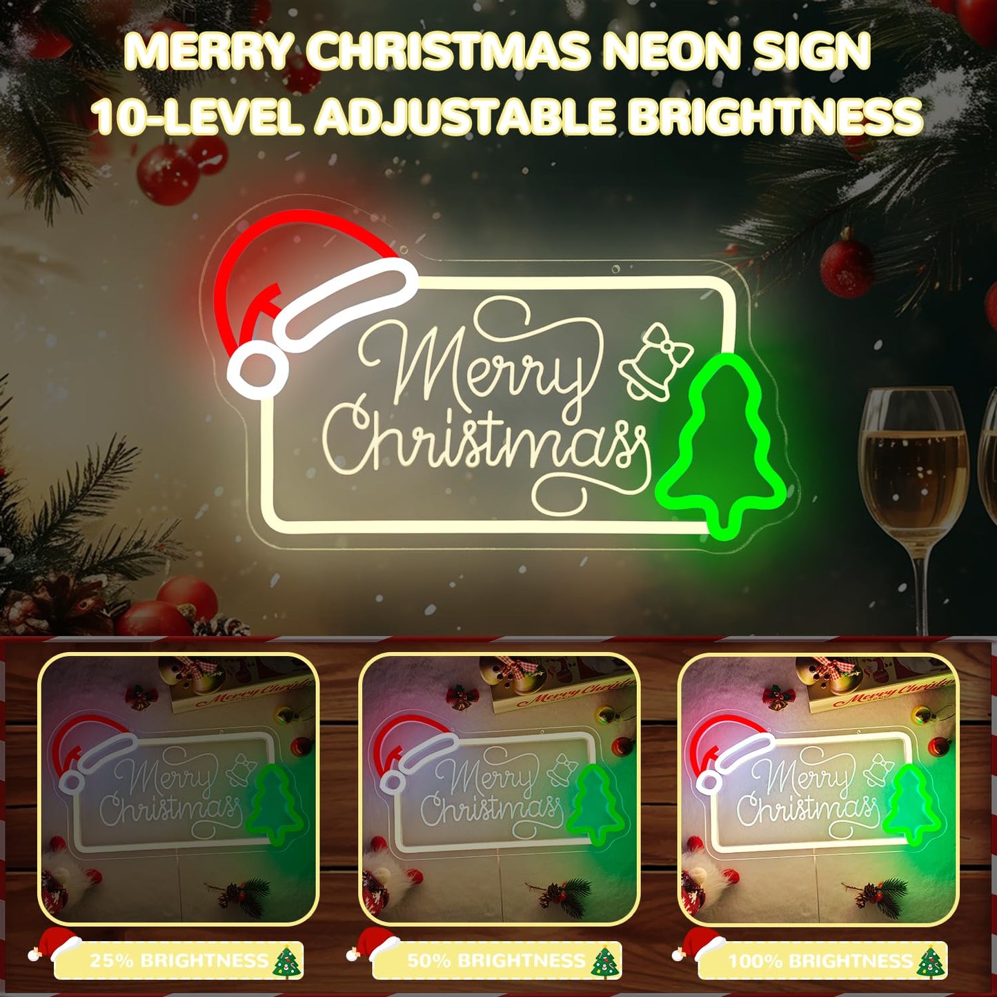 hhuohuona Merry Christmas Neon Sign Dimmable Neon Christmas Sign with Santa Hat & Tree Merry Xmas Light Up Signs for Wall Decor Holiday Gifts Decorations for Home