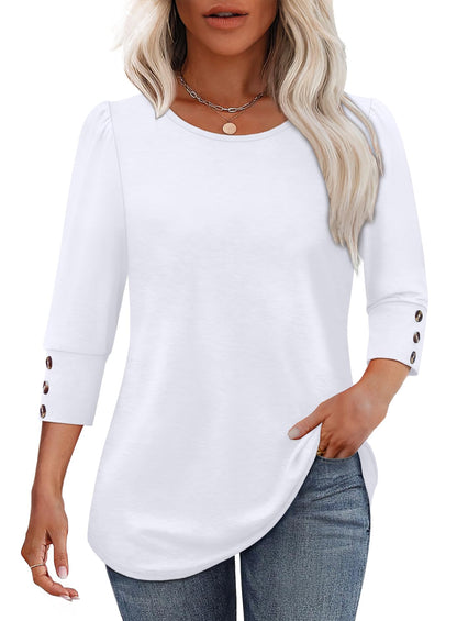 White T Shirts for Women Dressy Casual Plus Size Tops 3/4 Length Sleeve Summer Blouses Beach Vacation Clothes L