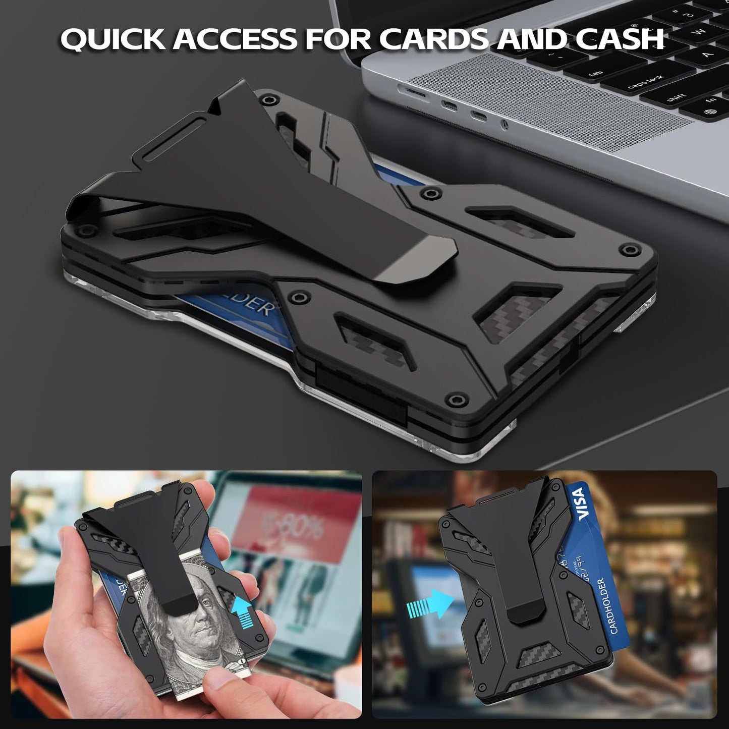 HNHFTT Slim Metal Wallet for Men, Carbon Fiber Tactical RFID Blocking Wallet with Money Clip & Clear ID Window, Minimalist Front Pocket Card Holder Holds 15 Cards & Cash, Black