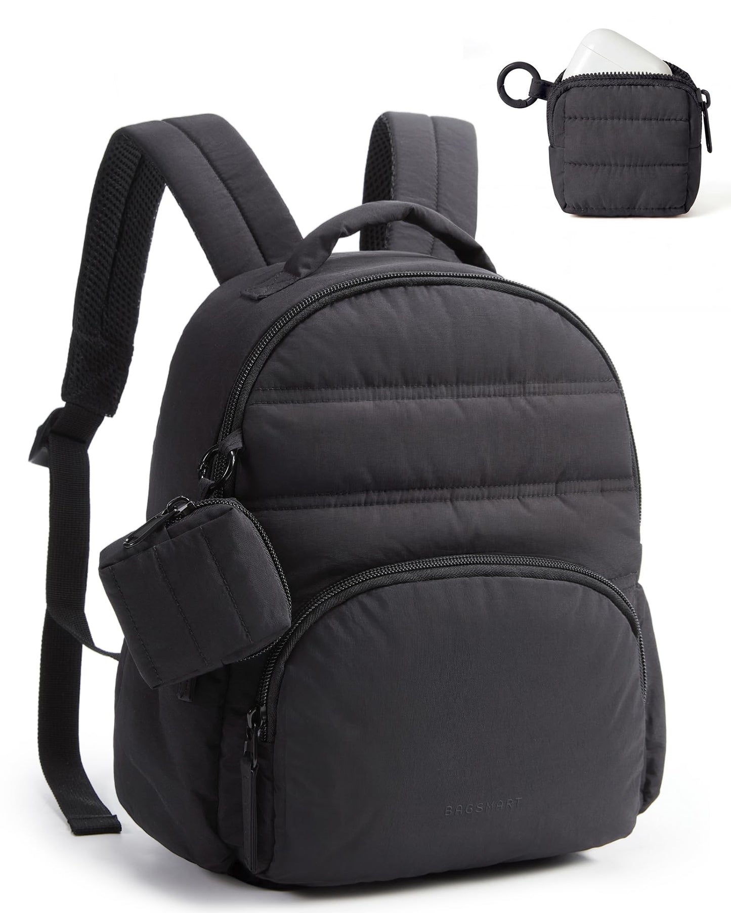 BAGSMART Small Backpacks for Women, Lightweight Puffer Mini Backpack Purse with Pouch, Quilted Casual Daypack, Water-Resistant Bookbag for Daily Travel College, 2-in-1 Set, Black