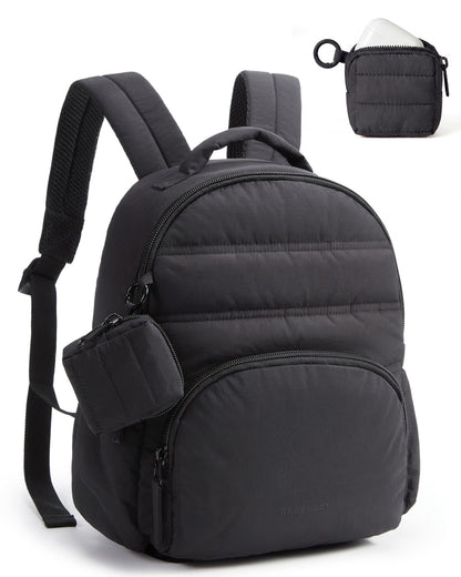 BAGSMART Small Backpacks for Women, Lightweight Puffer Mini Backpack Purse with Pouch, Quilted Casual Daypack, Water-Resistant Bookbag for Daily Travel College, 2-in-1 Set, Black
