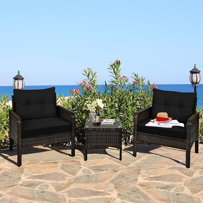 HAPPYGRILL 3 Pieces Patio Conversation Set Outdoor Rattan Wicker Furniture Set with Coffee Table & Chairs Patio Bistro with Seat Cushions for Garden Balcony Backyard Poolside
