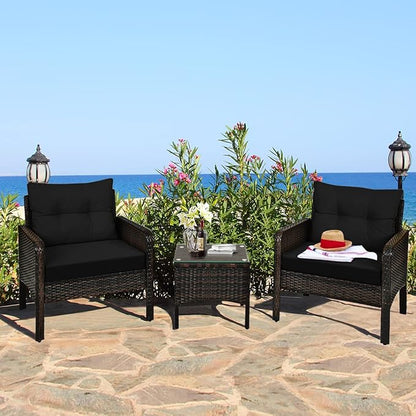 HAPPYGRILL 3 Pieces Patio Conversation Set Outdoor Rattan Wicker Furniture Set with Coffee Table & Chairs Patio Bistro with Seat Cushions for Garden Balcony Backyard Poolside