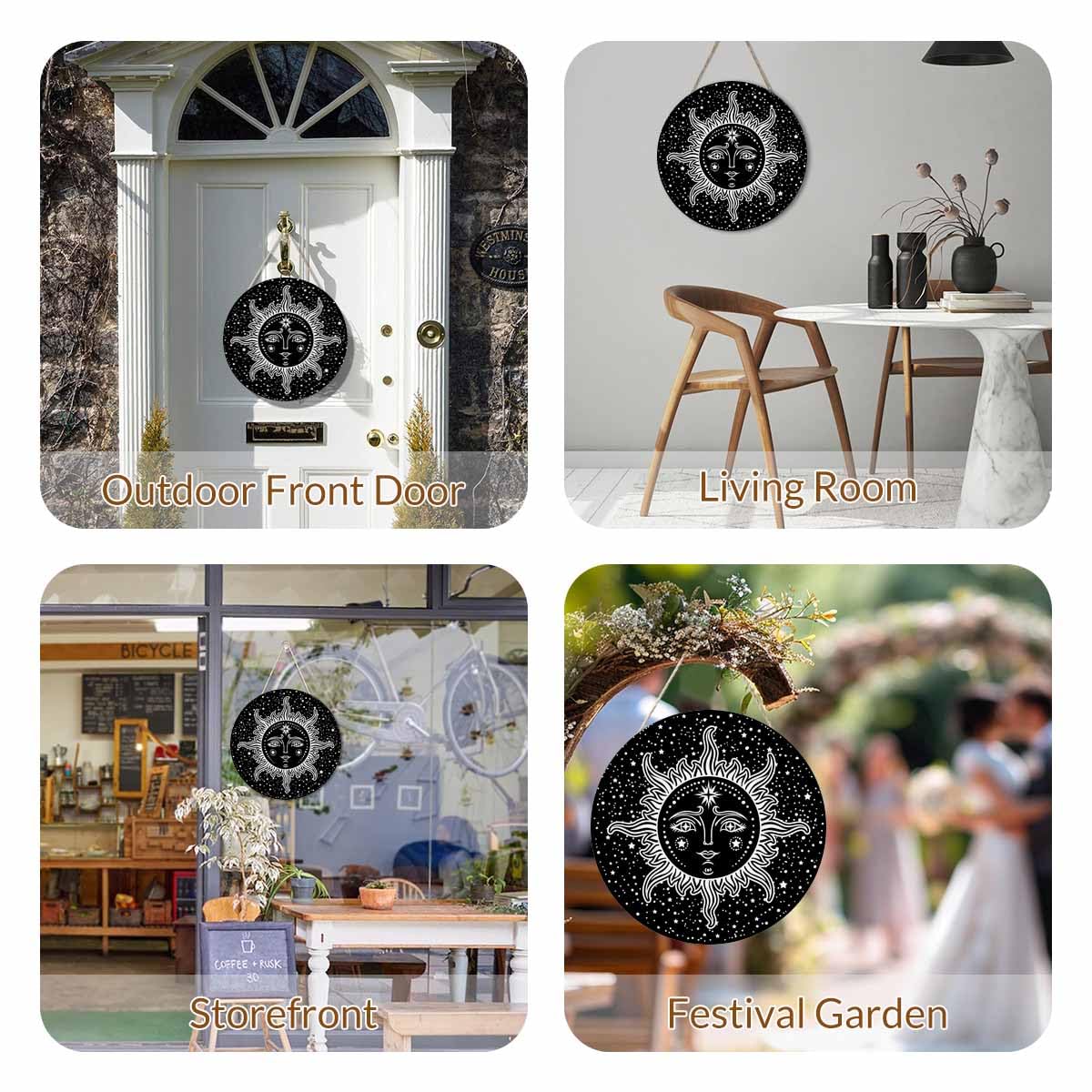 Beabes Farmhouse Front Porch Decor Door Hanging Black White Sun Stars 12in Round Wooden Hanging Housewarming Home Decor Present