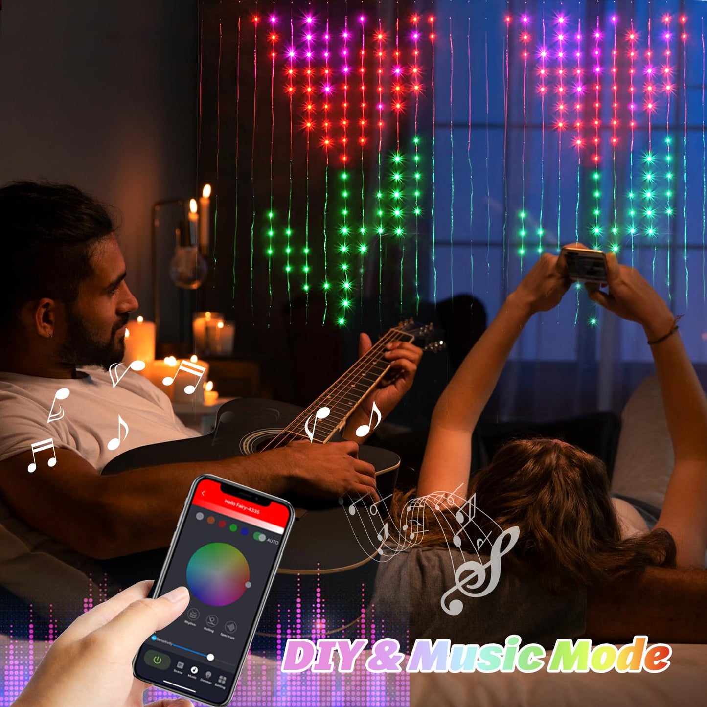 Wonder Solar Curtain Lights DIY LED Decorations Outdoor Smart String Lights 540 LEDs Valentine's Day DIY Lighting Modes Decorative Curtain Lights for Yard, Patio, Party Wedding Yard Home 6.5FT*5FT
