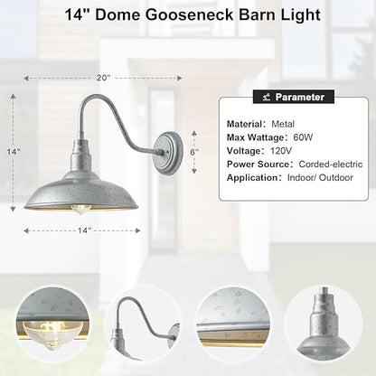14 Inch Barn Farmhouse Outdoor Light Fixture, 2 Pack Exterior Gooseneck Lights with Galvanized Steel Finish, Outside Wall Sconce with Wall Mount for House, Porch, Patio