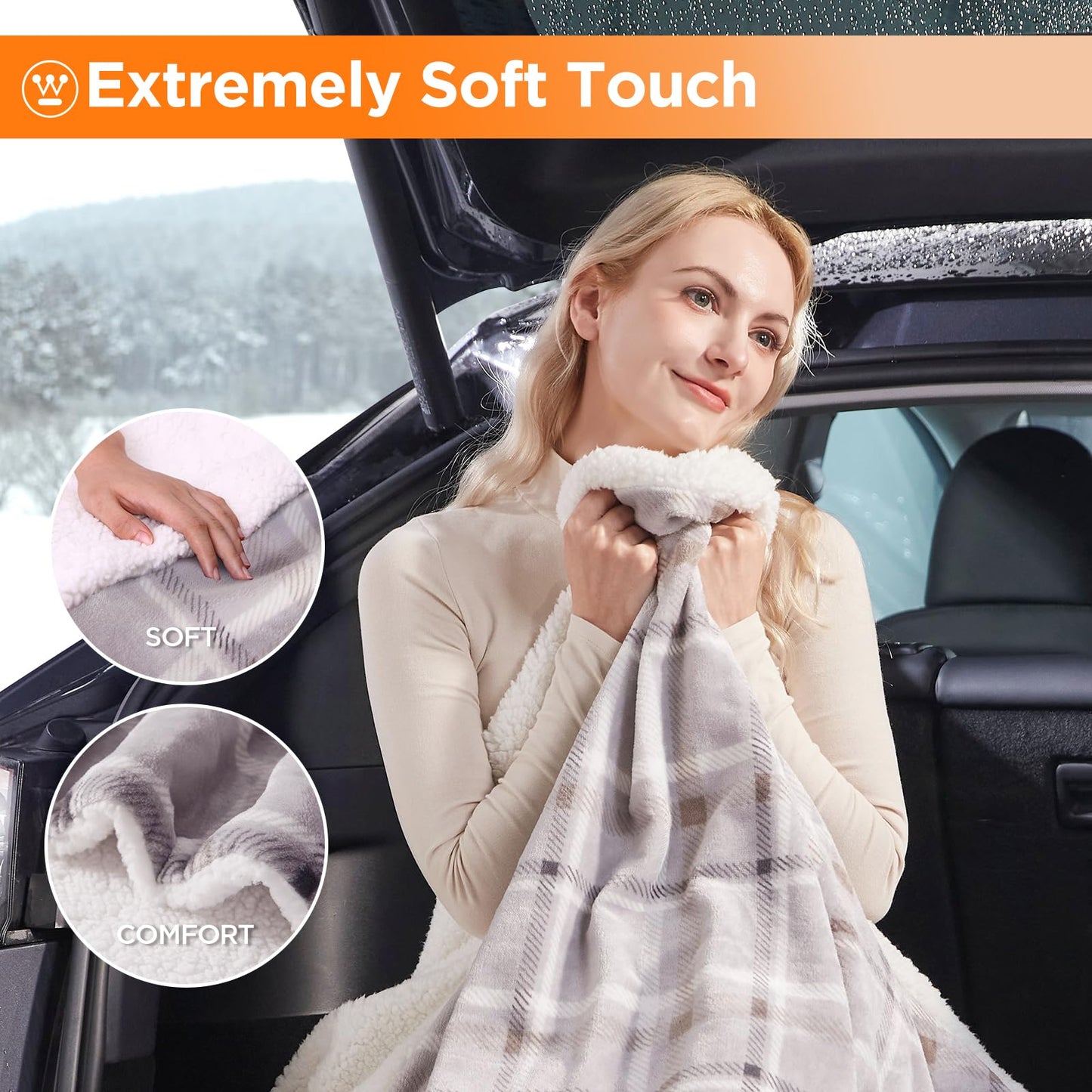 Westinghouse Heated Car Blanket, 12-Volt Electric Blanket for Car, Truck, SUV, RV, Portable Heated Throw for Camping, Grey Buffalo Plaid, 59" x 43”