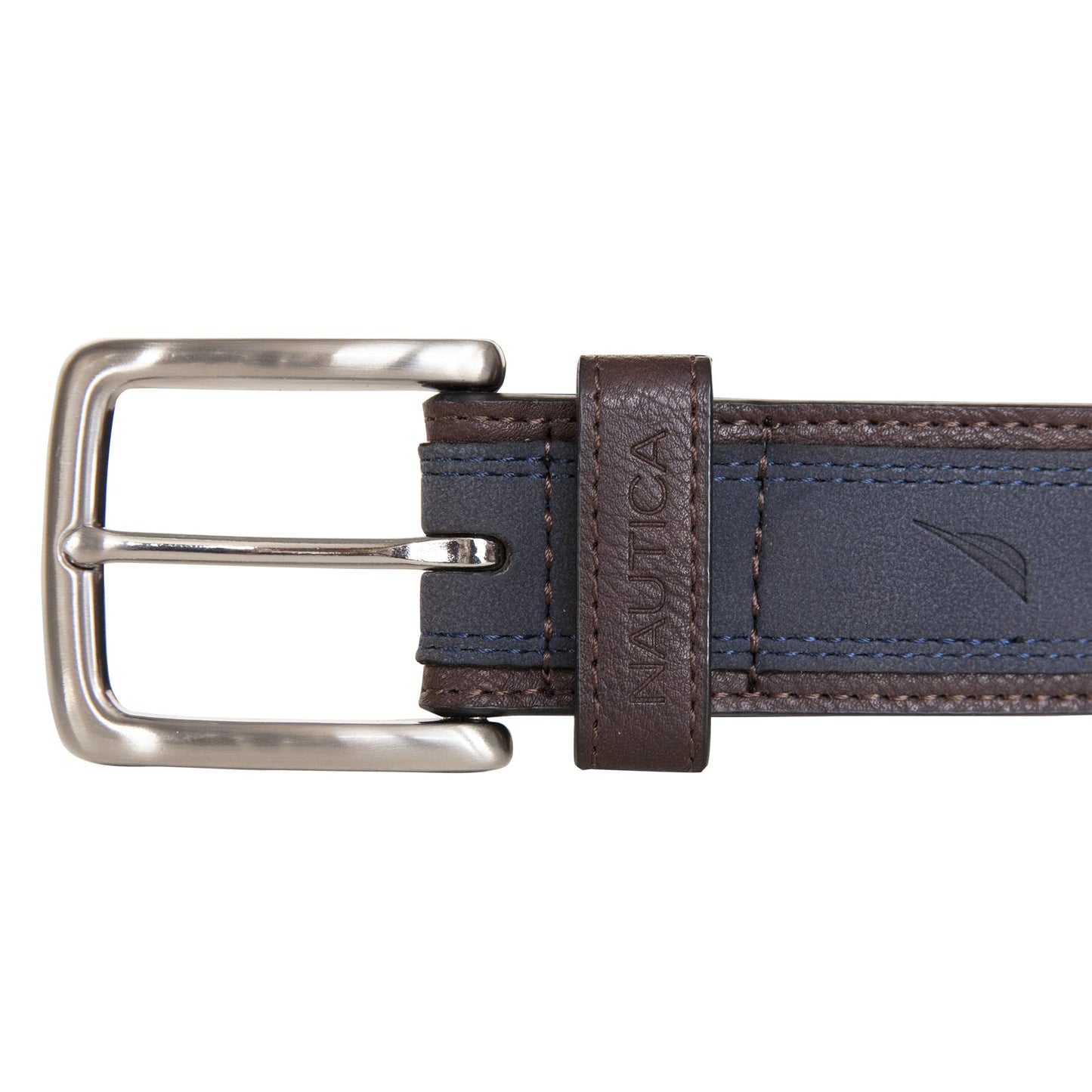 Nautica Men's Casual Leather Belt | Everyday | Classic | Pants | Jeans | Khakis | Chinos | Metal Buckle, Casual Overlay - Navy, 44 Inches